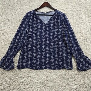 Boden Top Womens 16 Blue Victoria Bell Sleeve V-Neck Climbing Vine Office Blouse